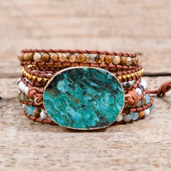 Handmade Leather Gemstone Jasper Wrap Bracelet - Picture 7 of 7
